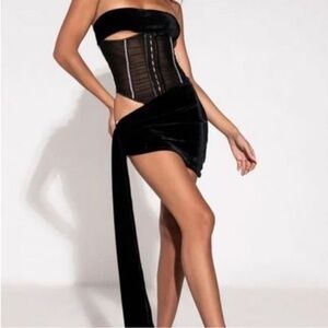 AKIRA Embellished Mesh Corset Velvet Black Cutout Dress